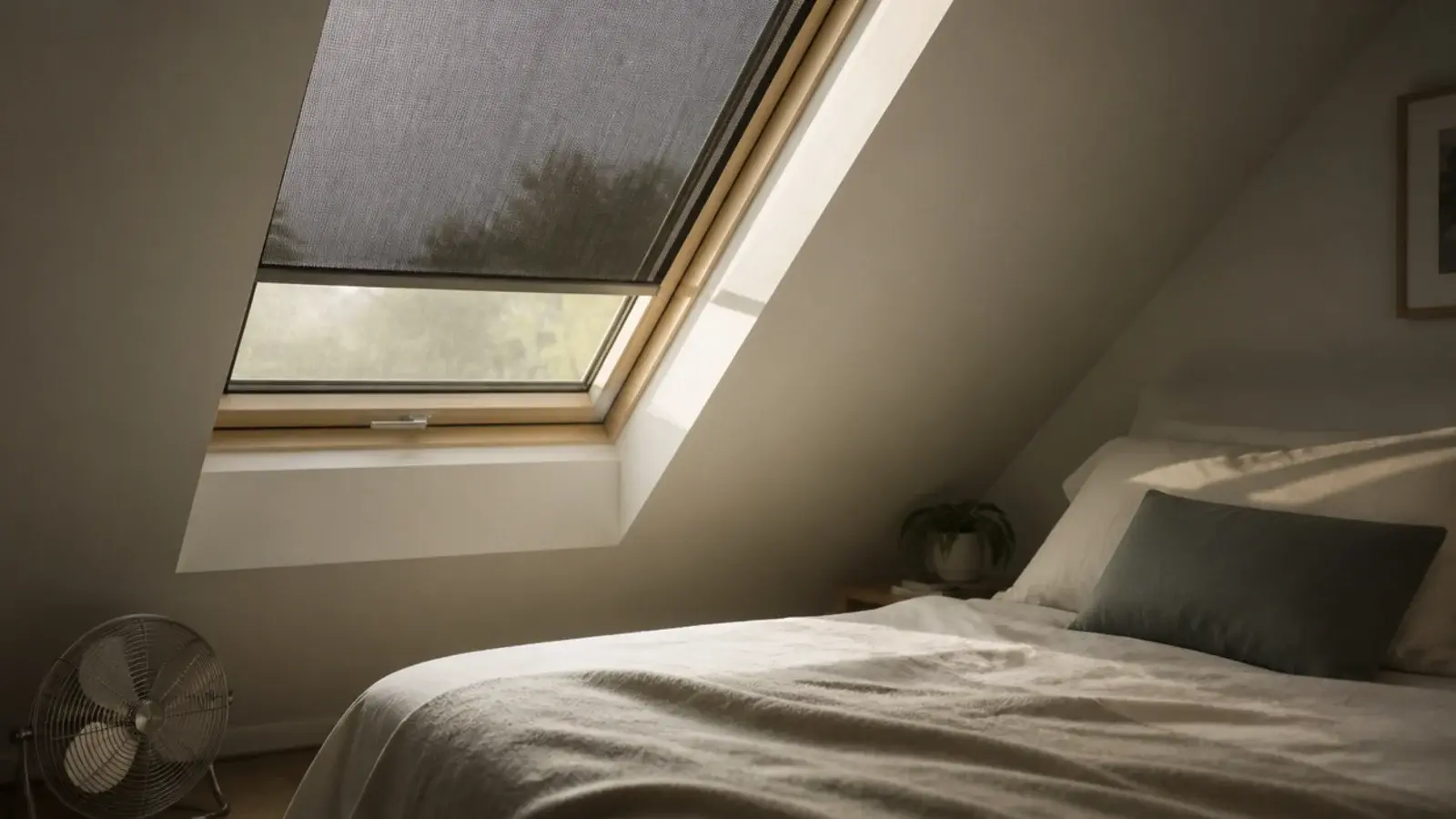 external awning blind fitted above an attic roof window in summer