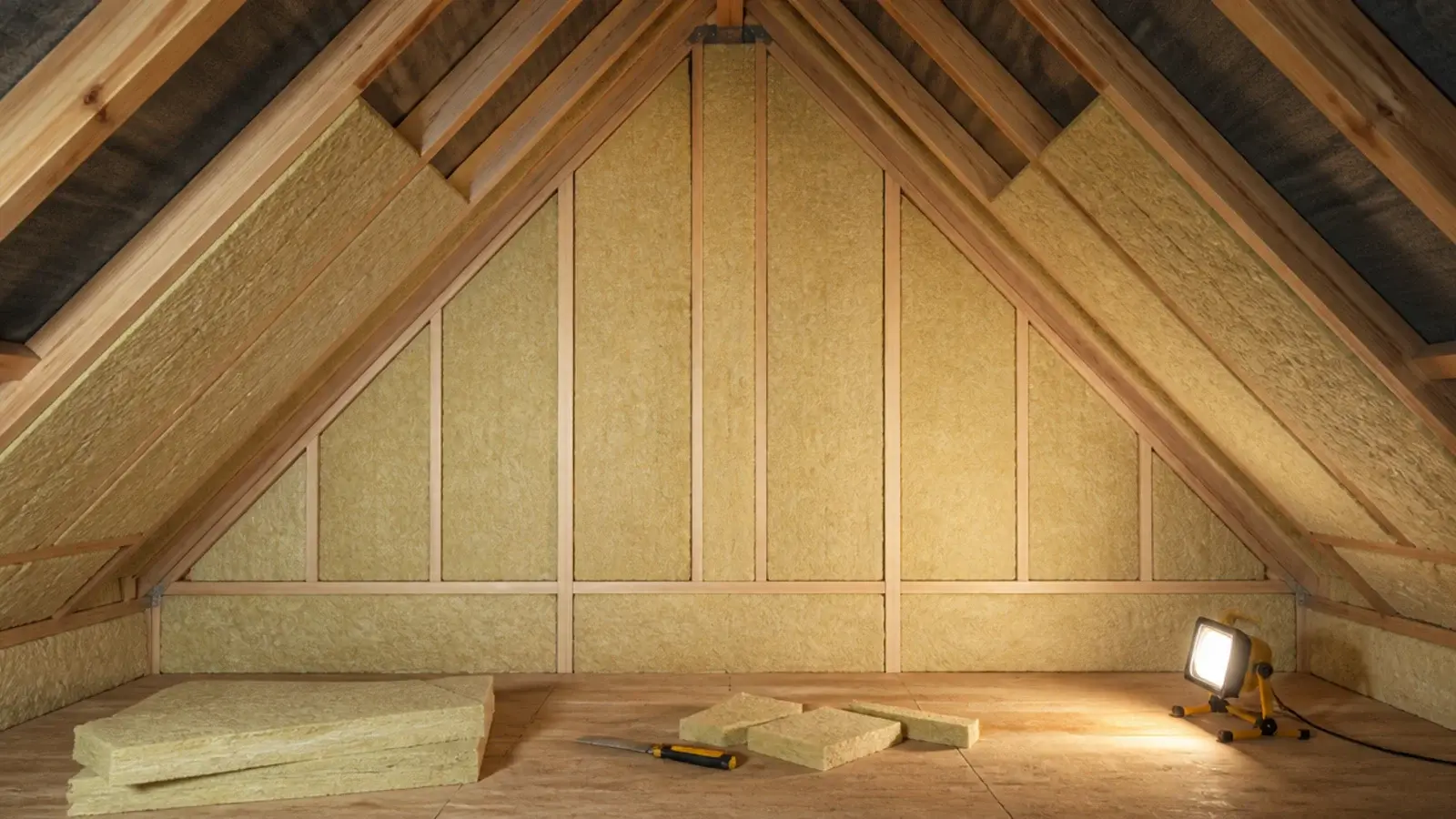 insulation being fitted between and under attic rafters in a bedroom
