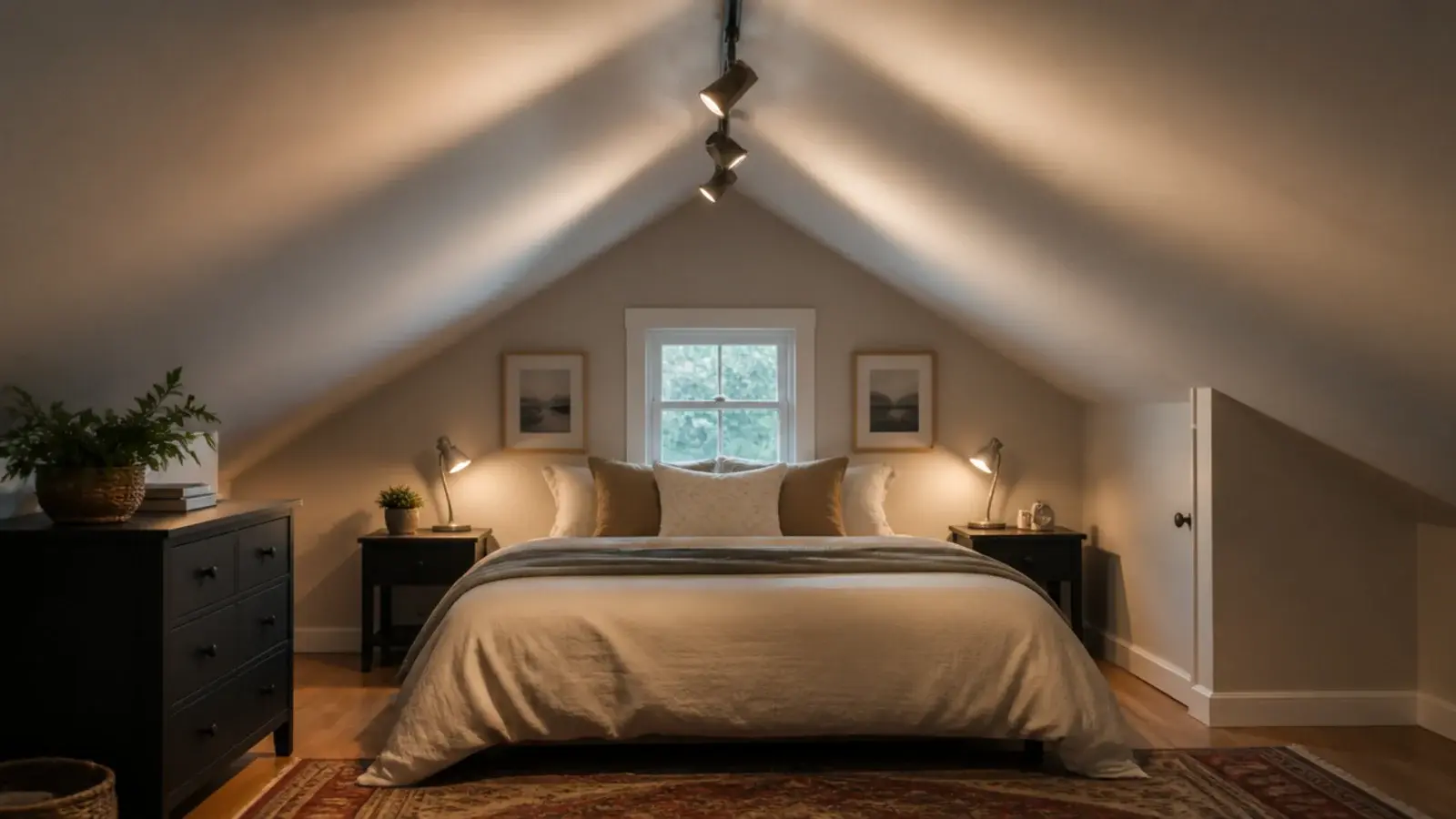 adjustable track heads mounted along the ridge of a sloped attic ceiling