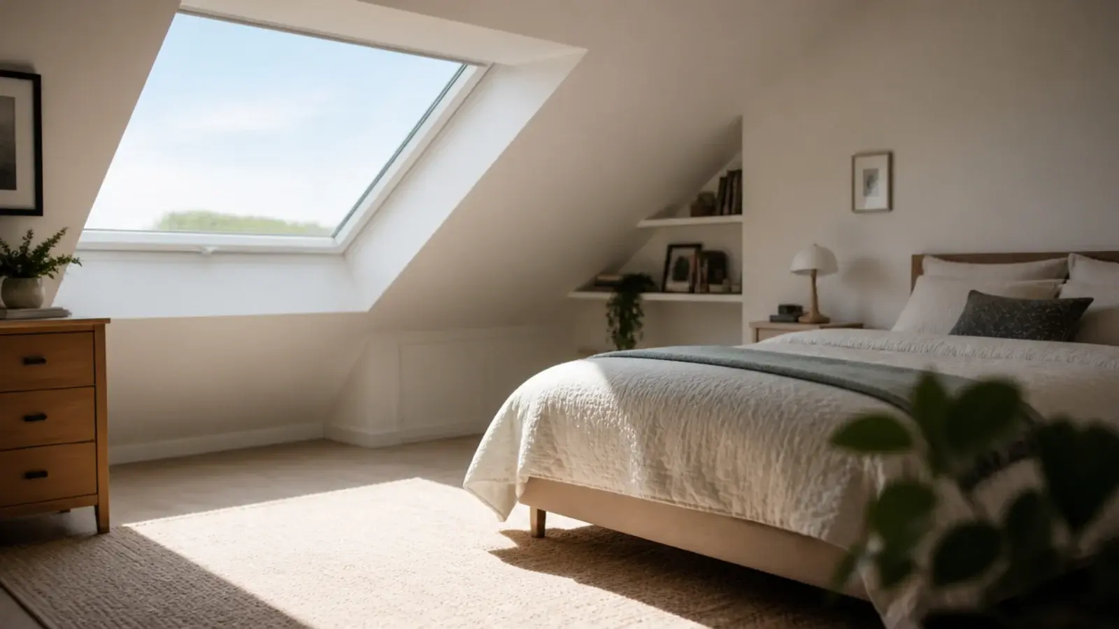 roof window proportioned to the floor area of a sloped ceiling bedroom