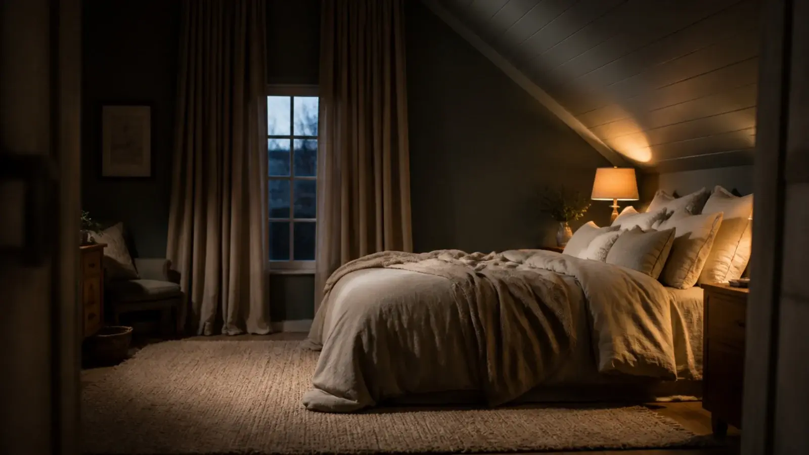 heavy curtains rug and bedding absorbing sound in a sloped ceiling room