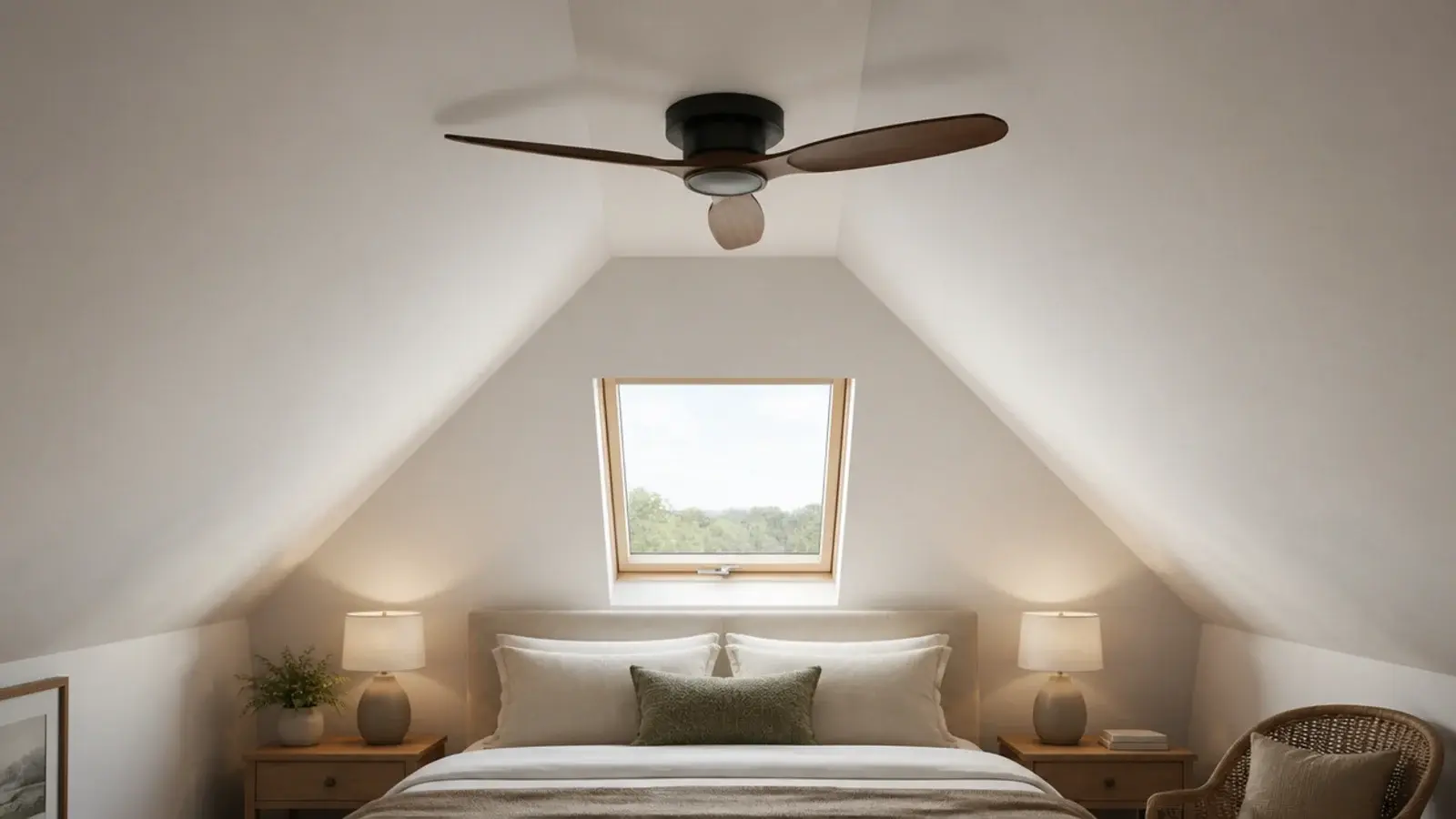 flush ceiling fan fitted to the flat ridge area of a sloped ceiling