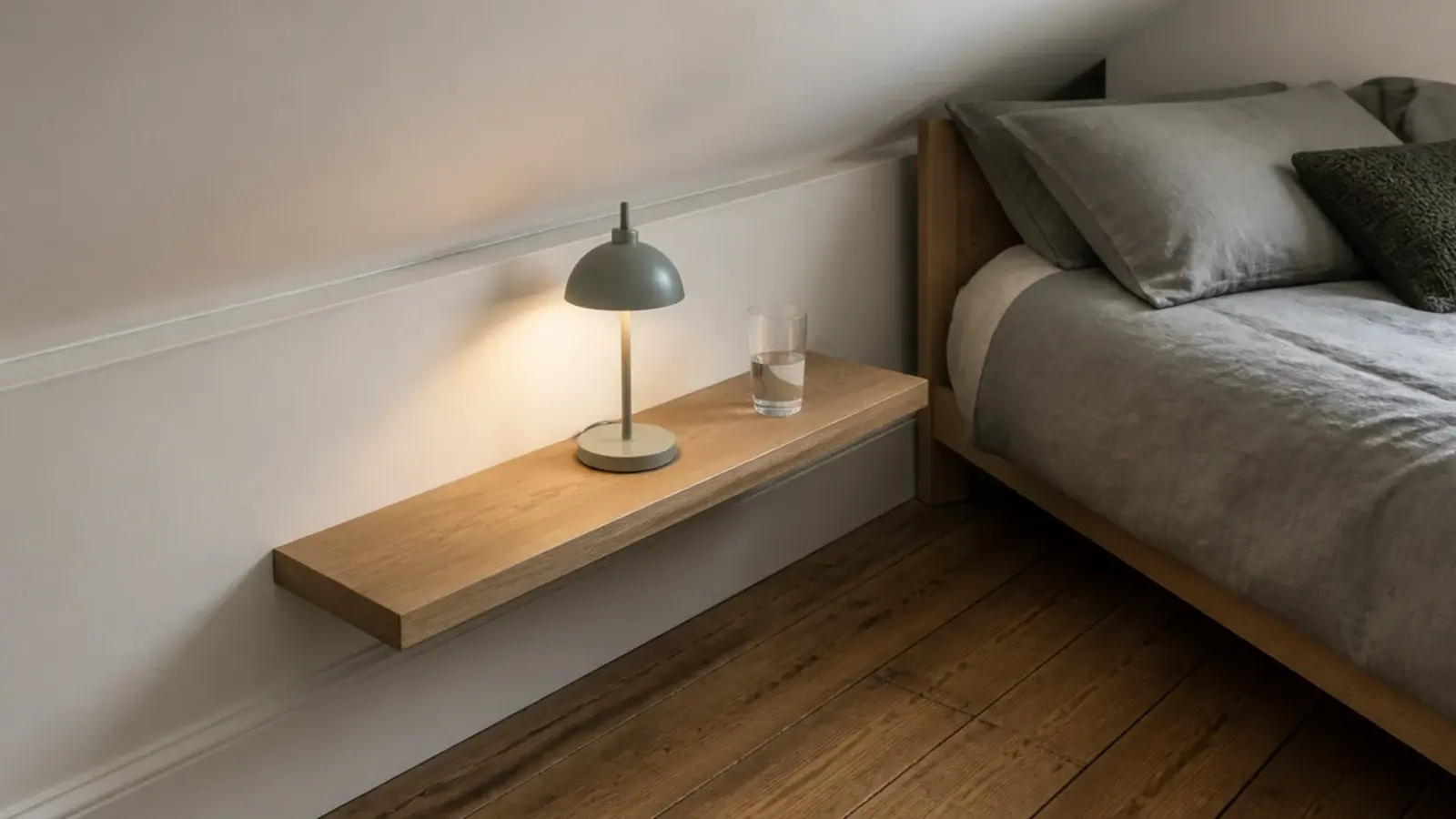 floating shelf fixed to a knee wall beside a bed under a slope