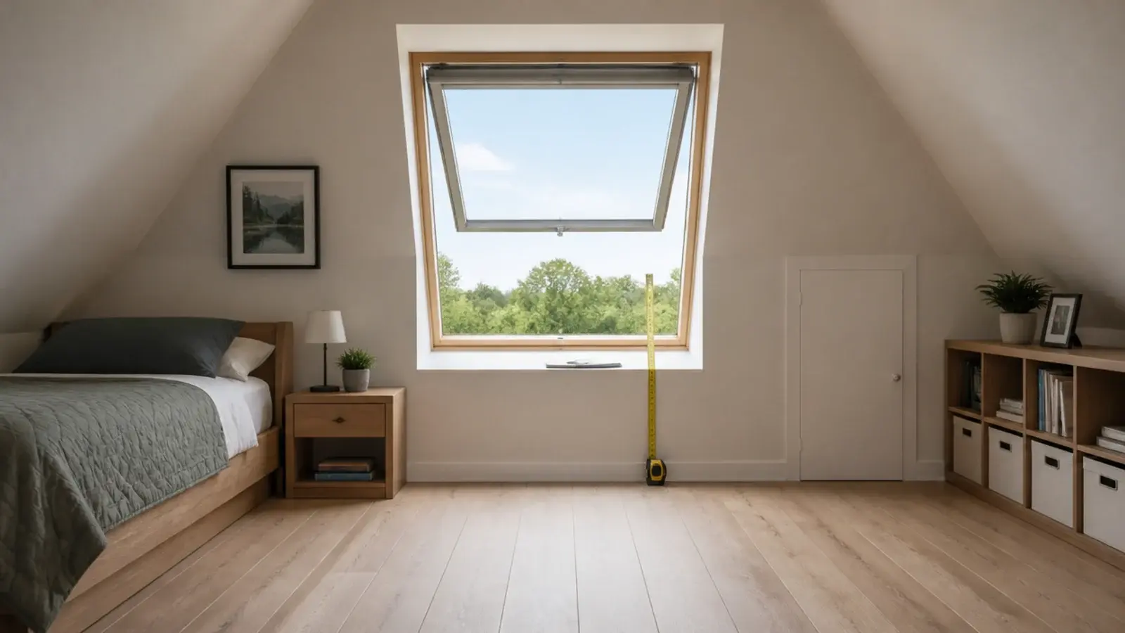 tape measure and open escape window checked in a finished attic room