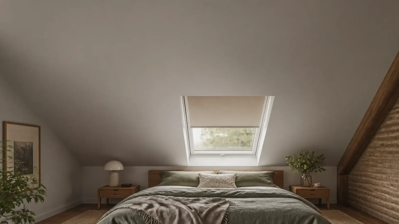 vertical view of a sloped ceiling loft bedroom with painted pitch and blinds