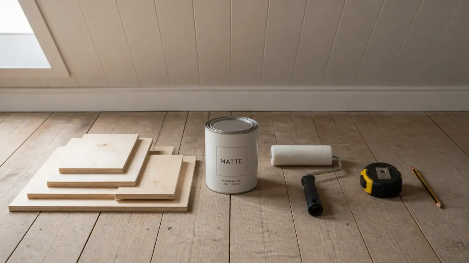 plywood offcuts paint tin and a tape measure on attic floorboards