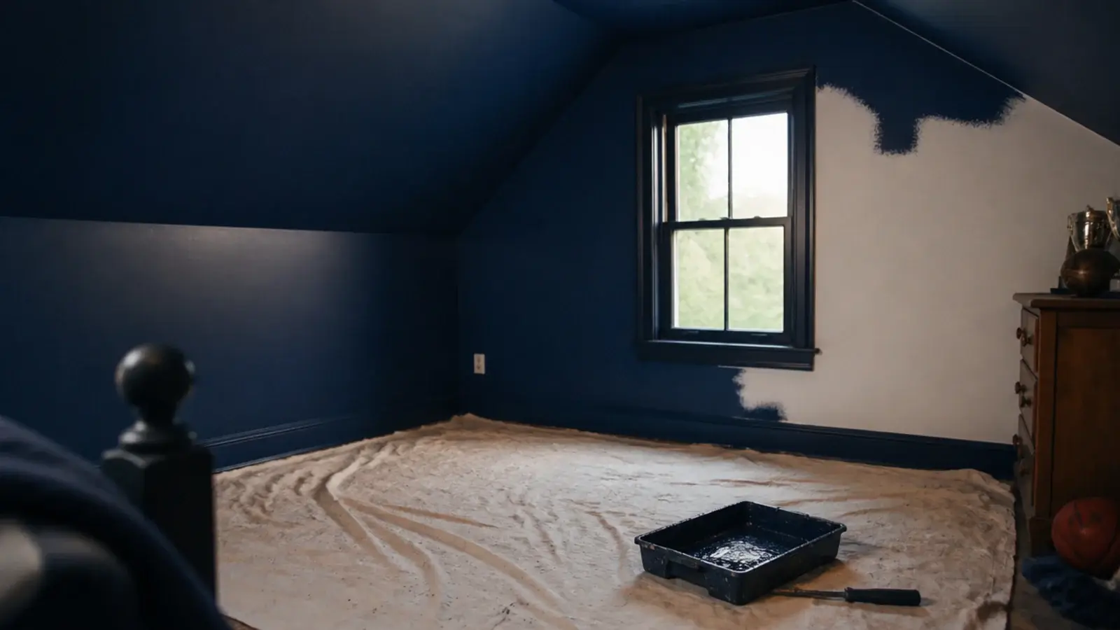 deep blue paint carried across an attic wall and sloping ceiling