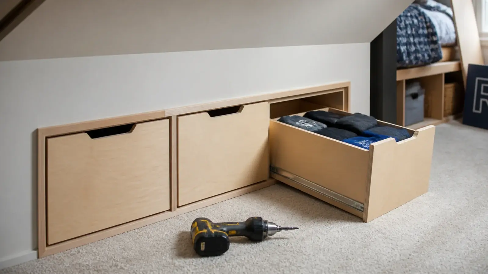 plywood drawer boxes built into a boys attic bedroom knee wall