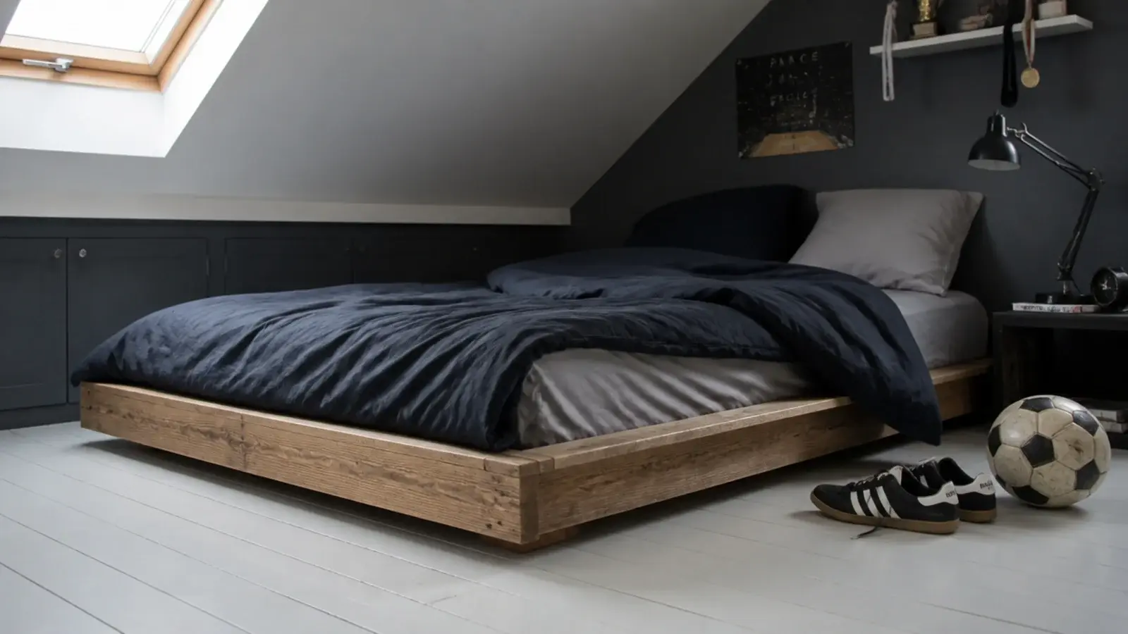 low timber bed frame sitting close to the boards under a slope