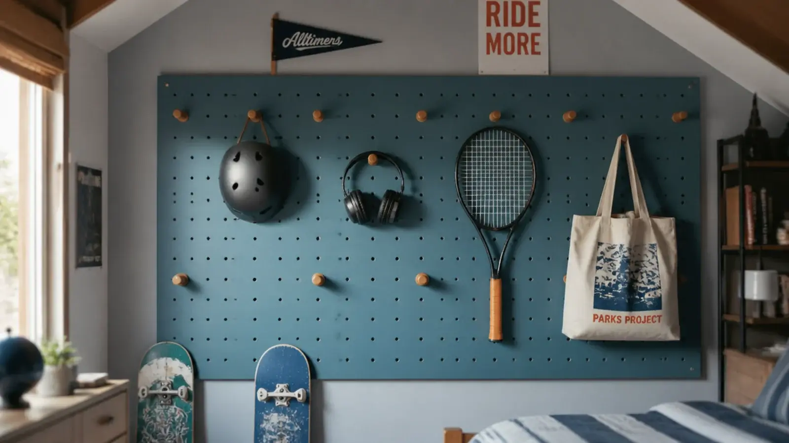 pegboard covered with sports gear and hooks on an attic gable wall