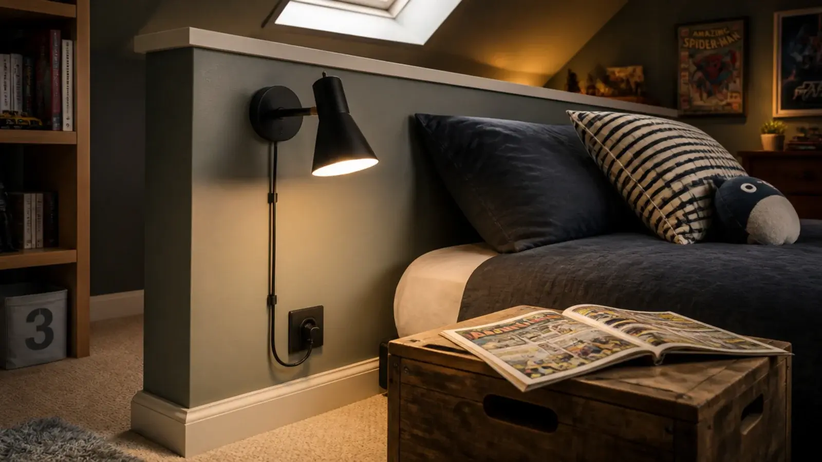 plug in wall light clipped to a knee wall beside a boys bed