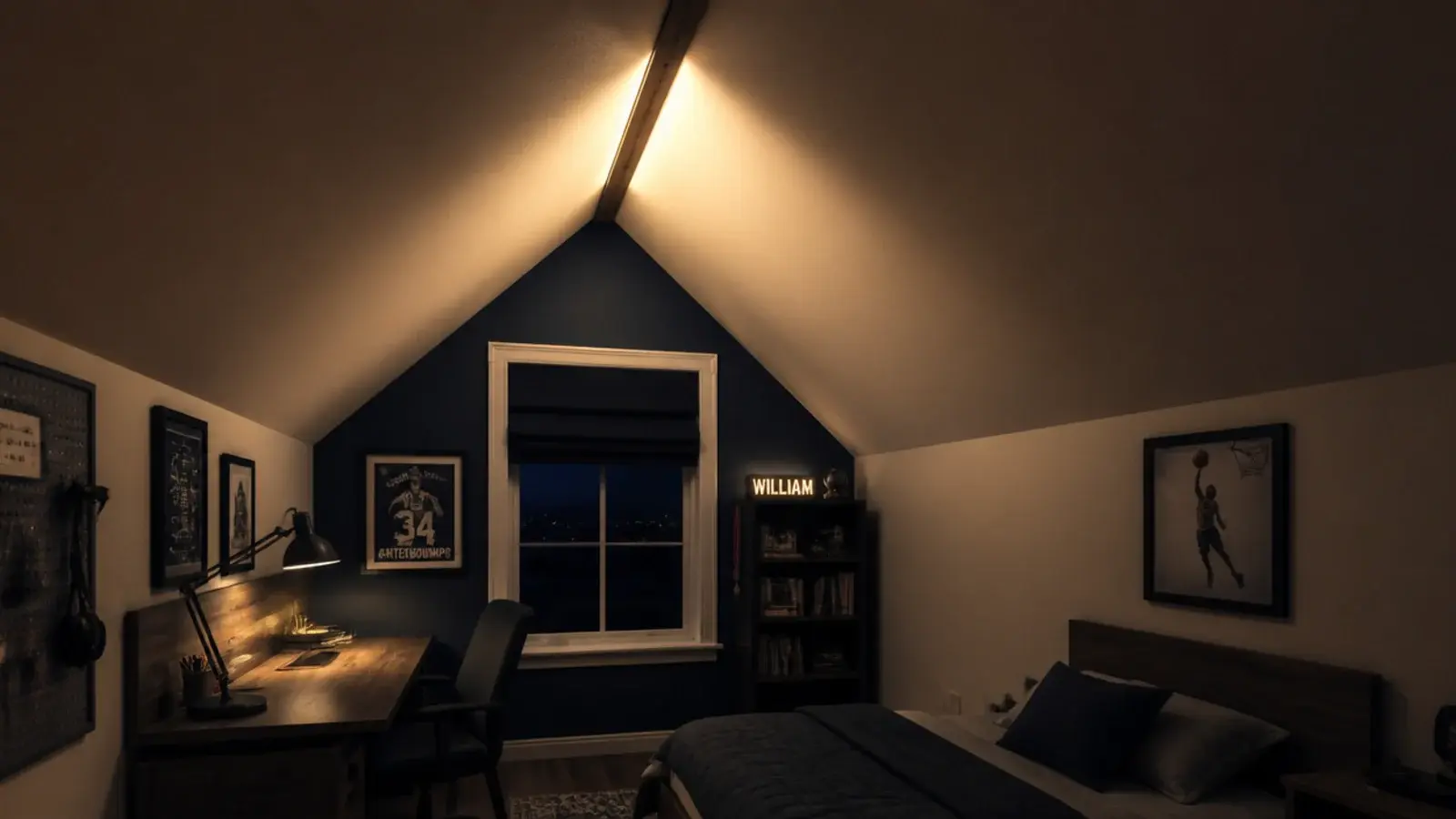 led strip glowing along the ridge of a boys attic bedroom ceiling