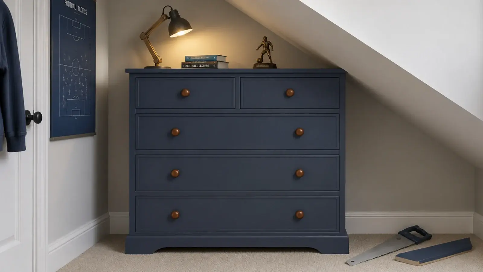 secondhand chest of drawers with its rear top edge cut to the slope