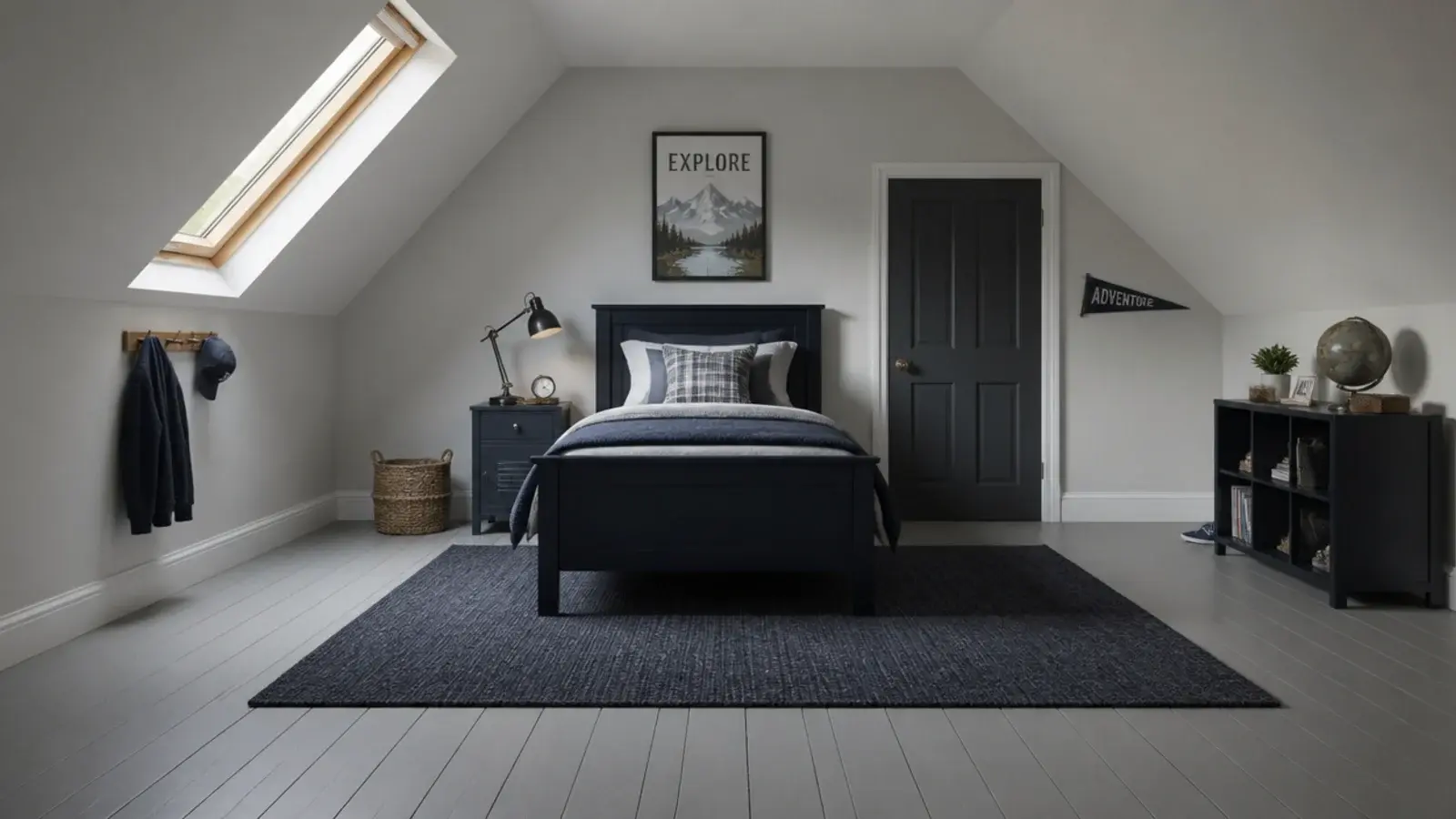 attic floorboards painted grey in a boys bedroom with a rug over