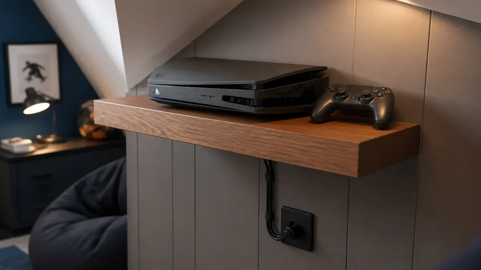 games console on a fixed shelf with cables run neatly behind