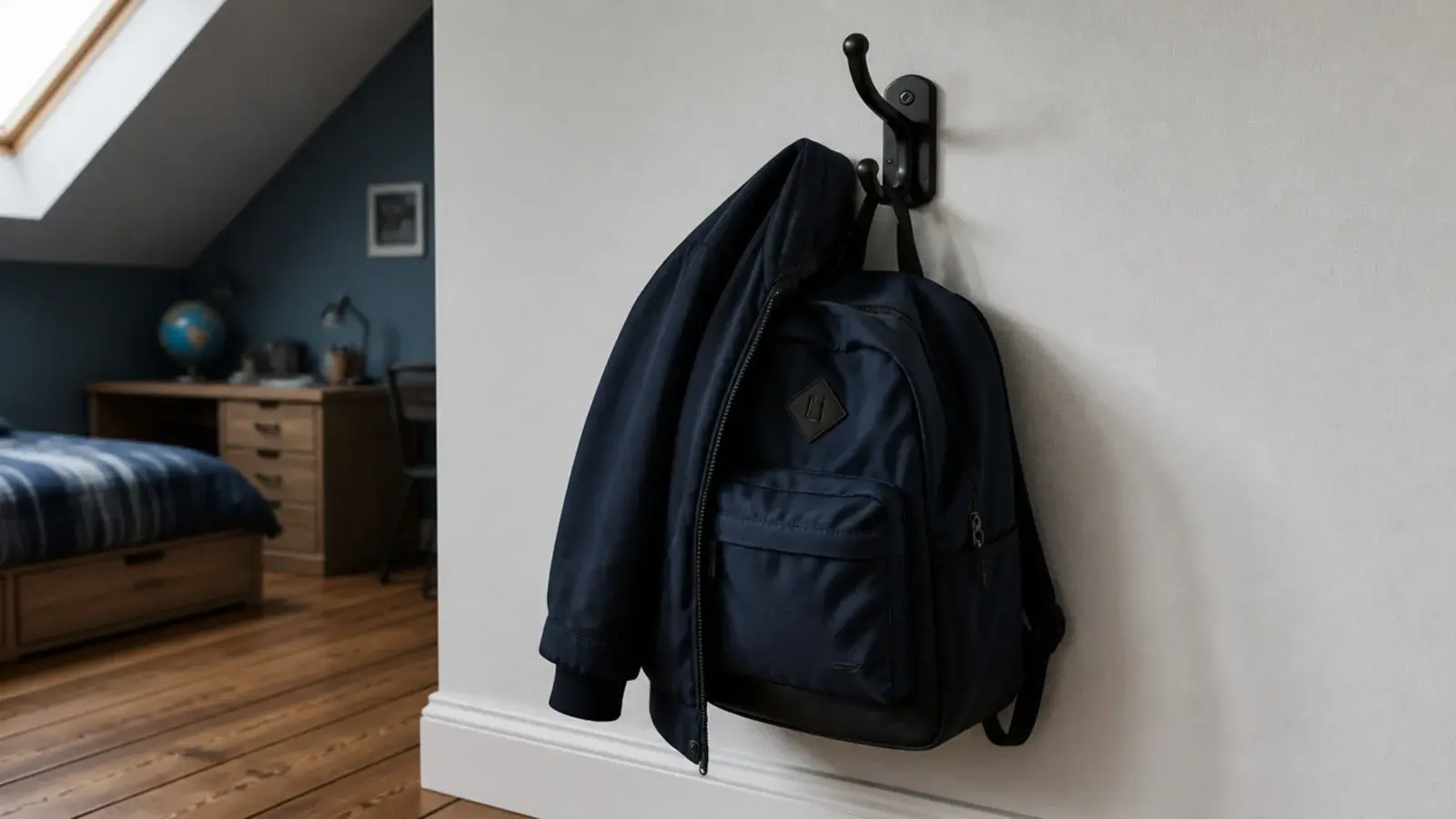 school bag hanging from a sturdy hook on a boys attic wall