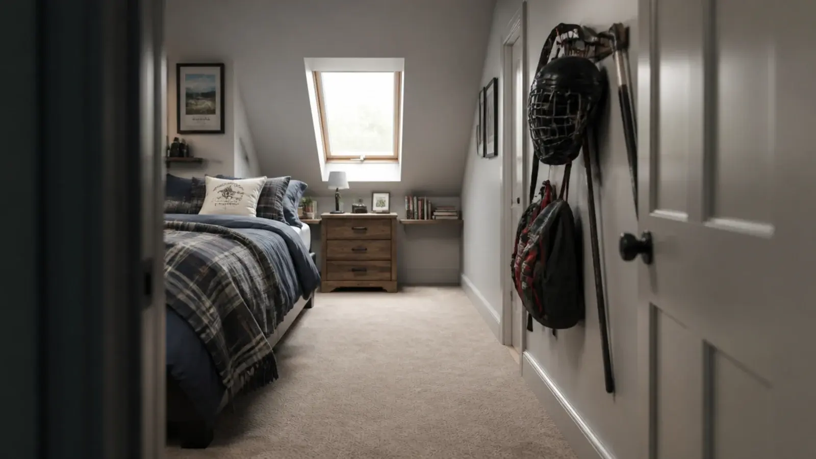clear walking route from bed to door in a boys attic bedroom