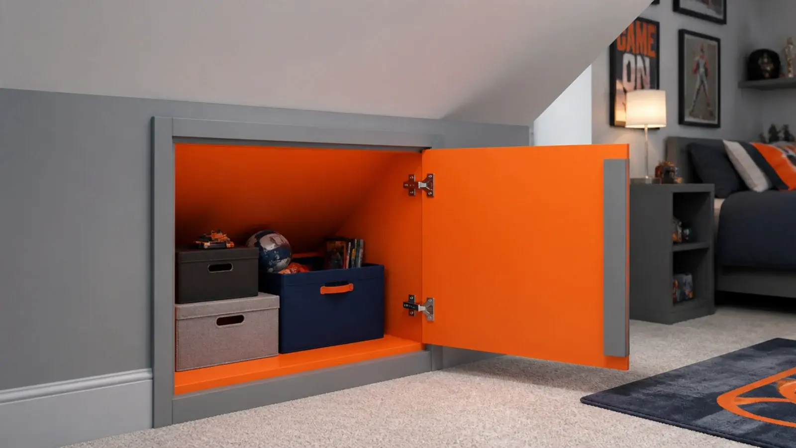 bright accent colour painted inside an attic knee wall cupboard