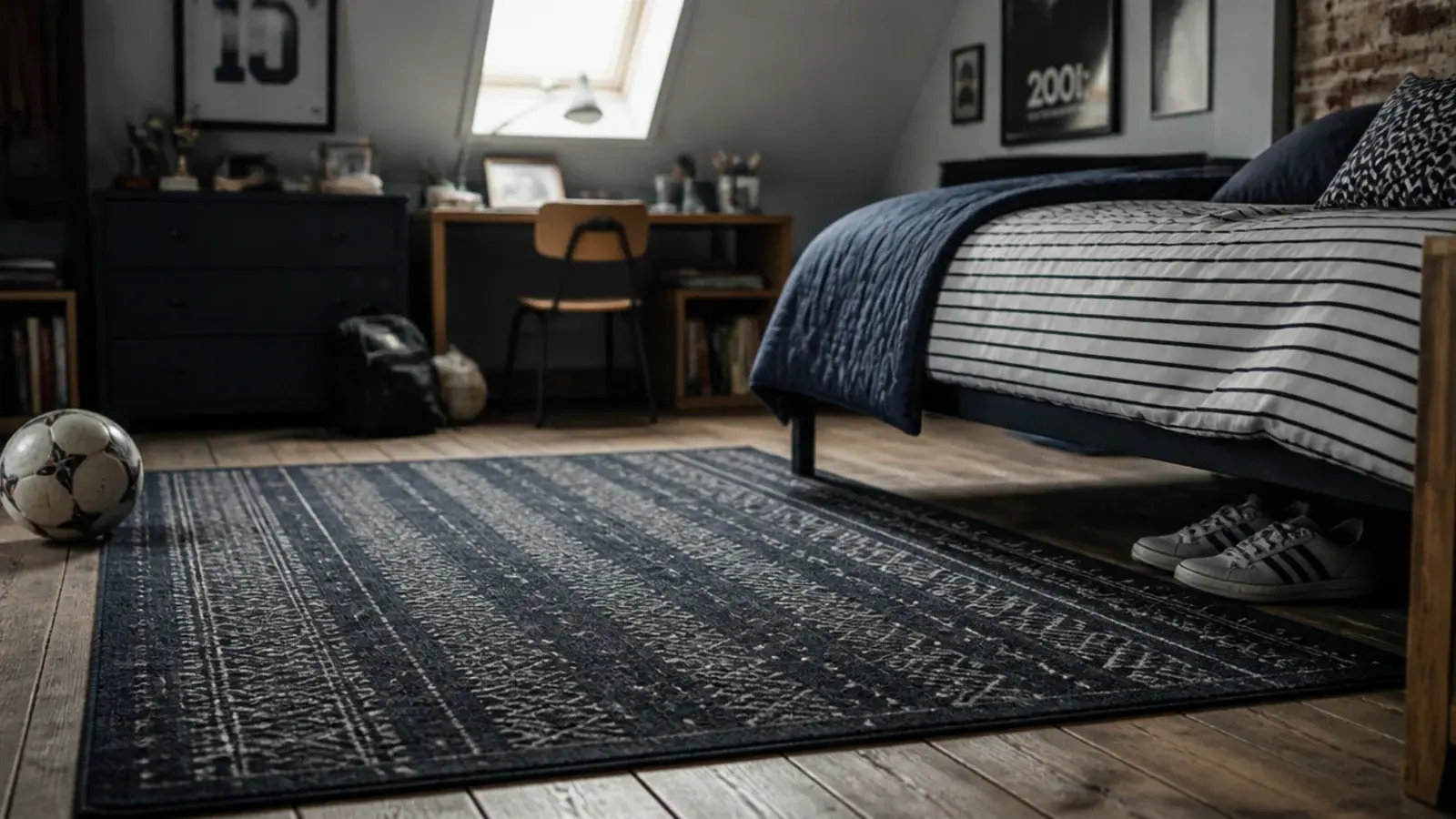dark patterned rug with underlay laid over painted attic boards
