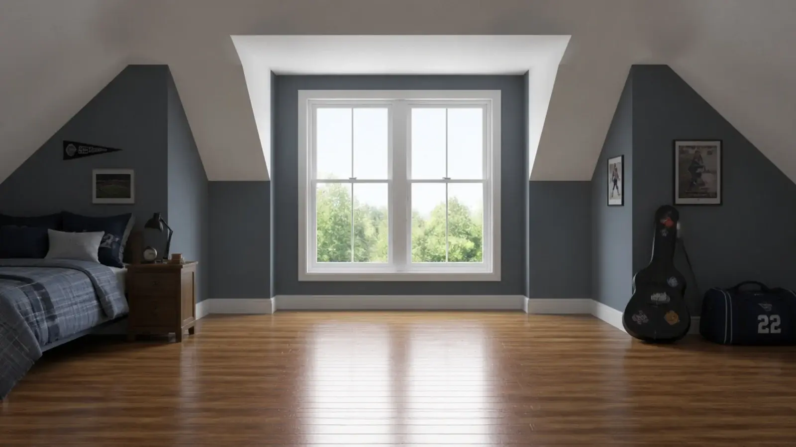 clear escape window in a boys attic bedroom with empty floor ahead