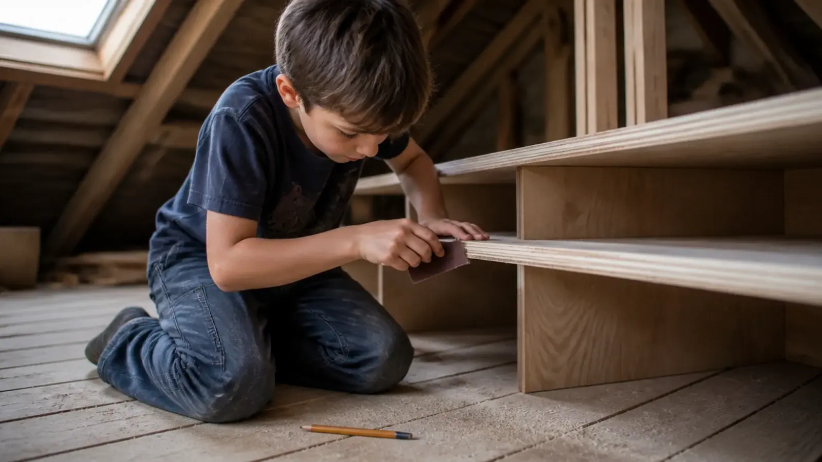 boy sanding a plywood shelf on the floor of an attic bedroom