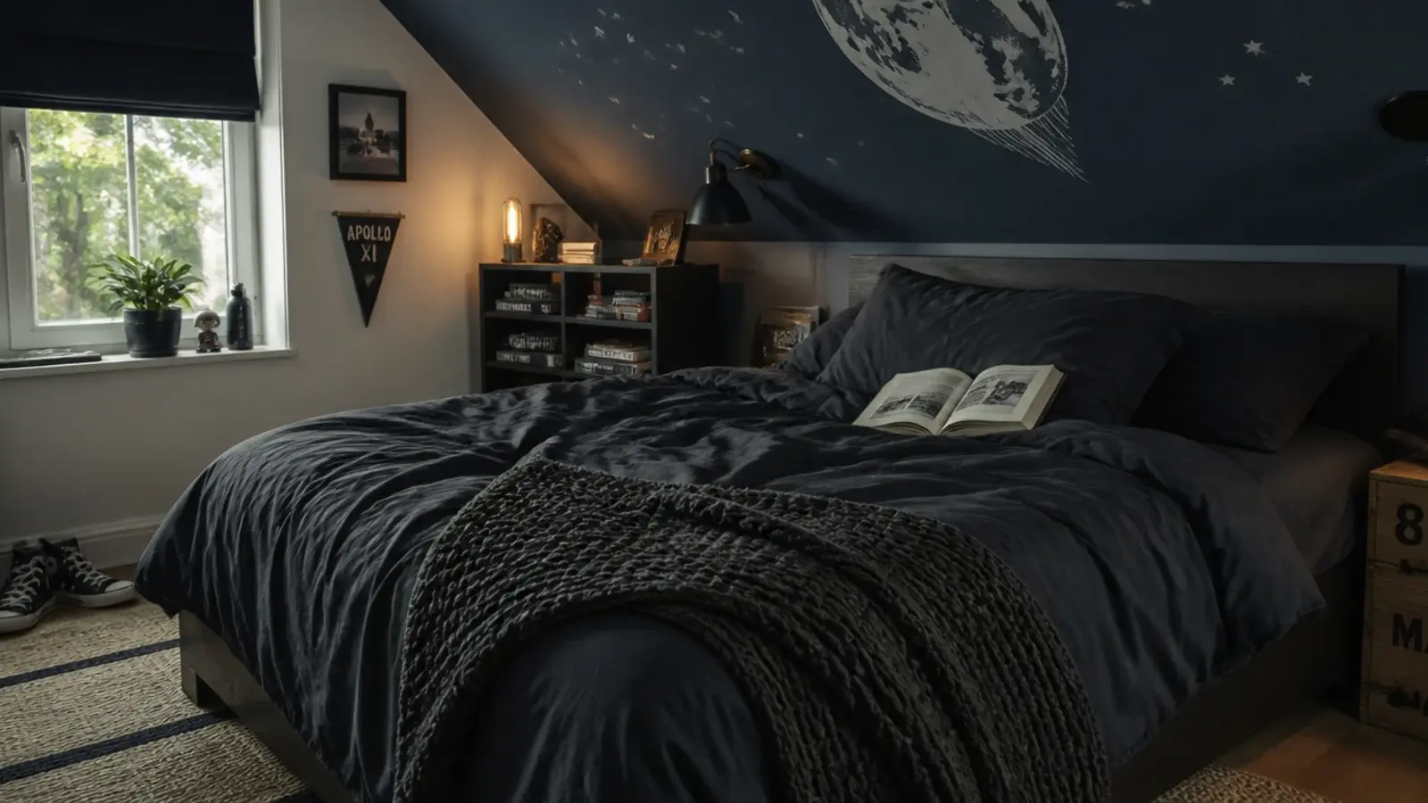 dark washable bedding on a low bed in a boys attic bedroom