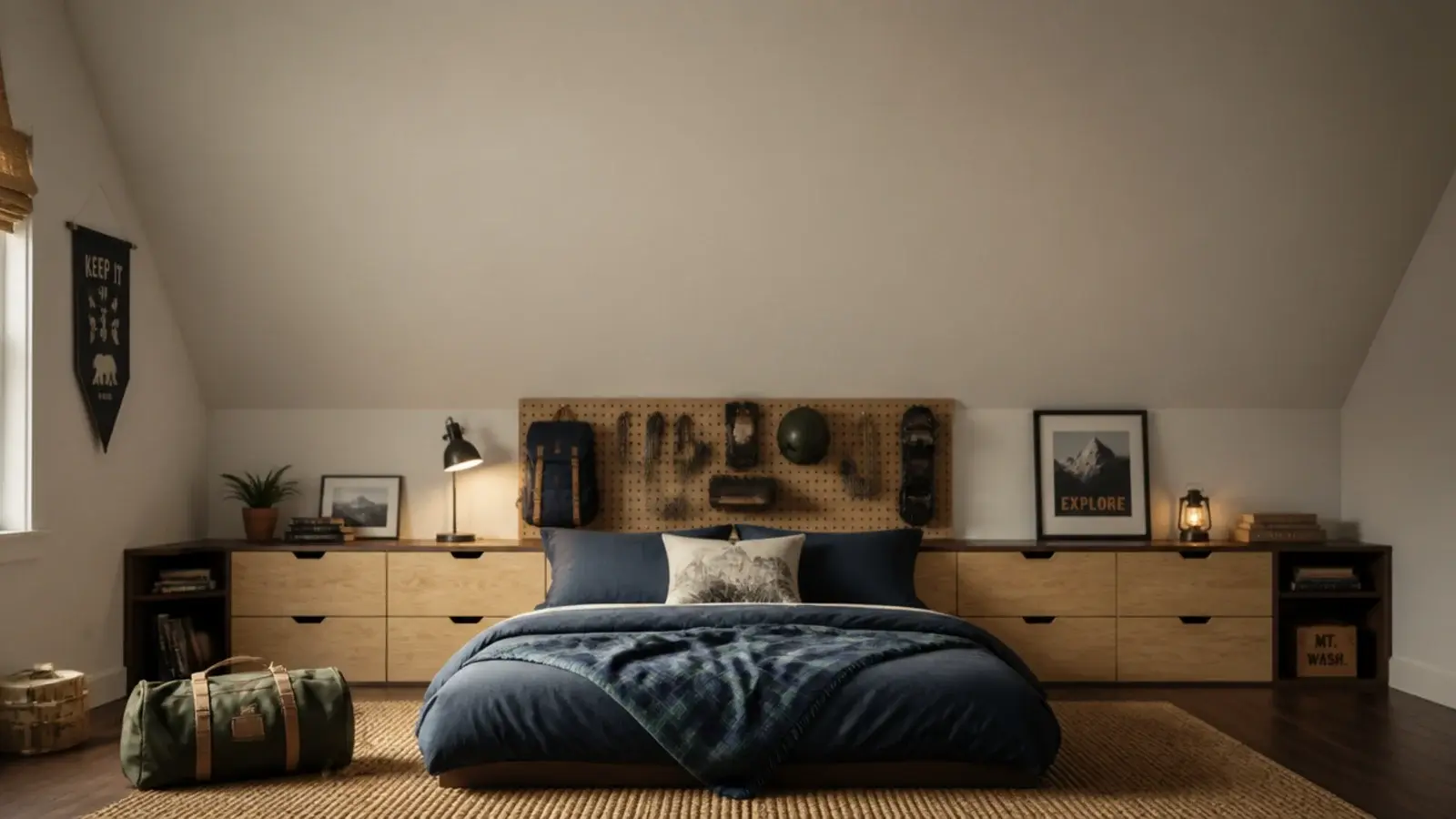 tall view of a boys attic bedroom with plywood storage and painted slope