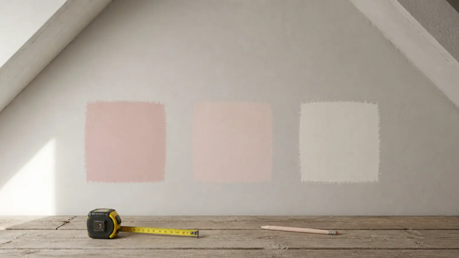 tester paint patches and a tape measure on an attic bedroom wall