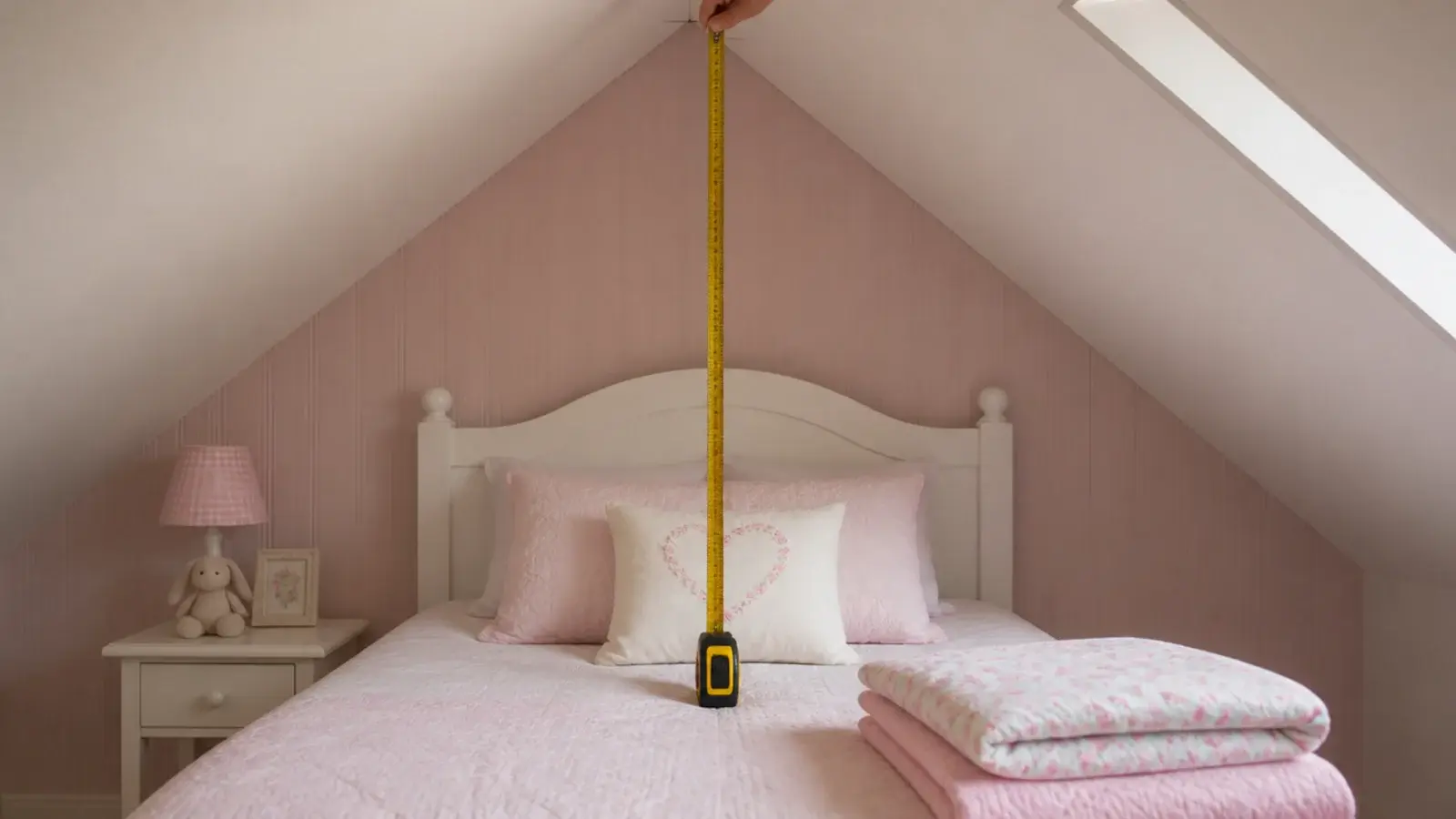 tape measure held from a mattress up to a sloping attic ceiling