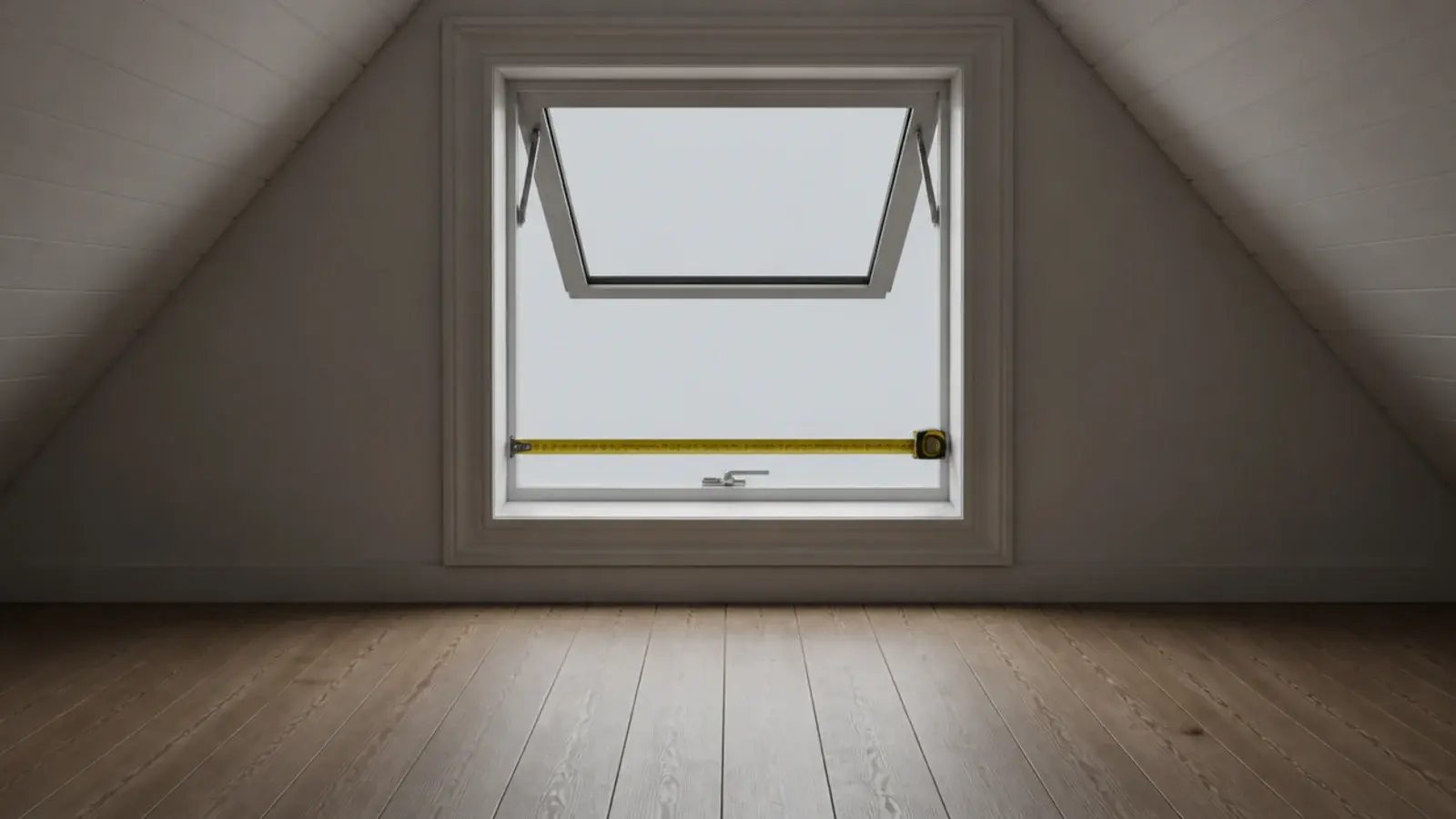 attic escape window opened fully with clear floor space in front