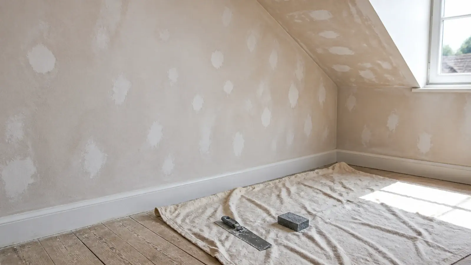 filled and sanded patches on an attic bedroom wall ready for paint