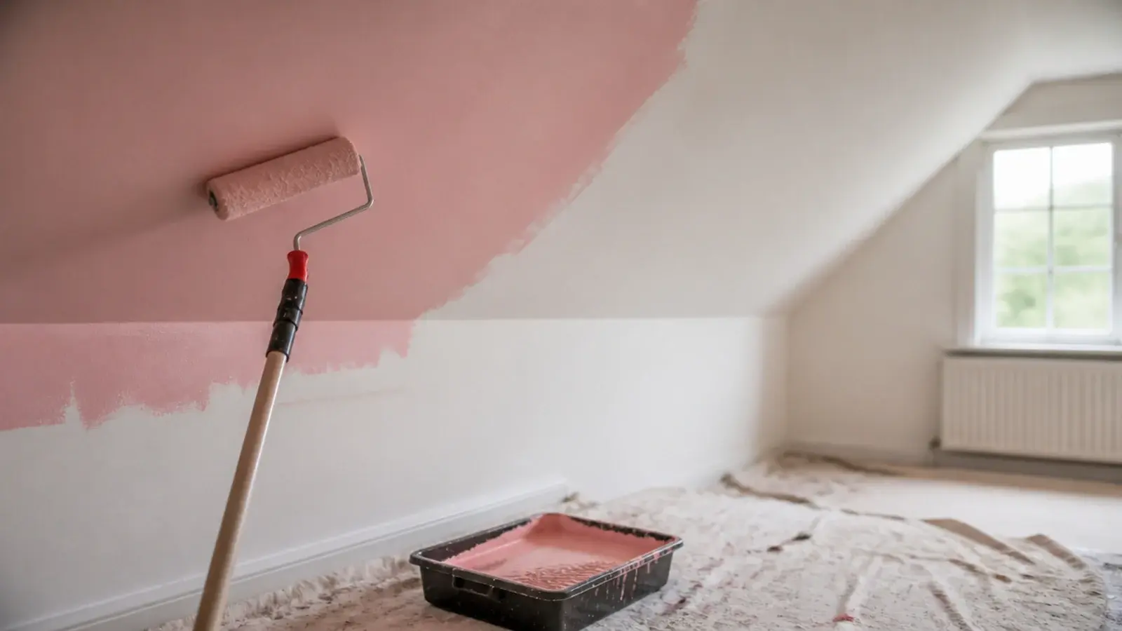 soft pink paint rolled continuously across an attic wall and slope