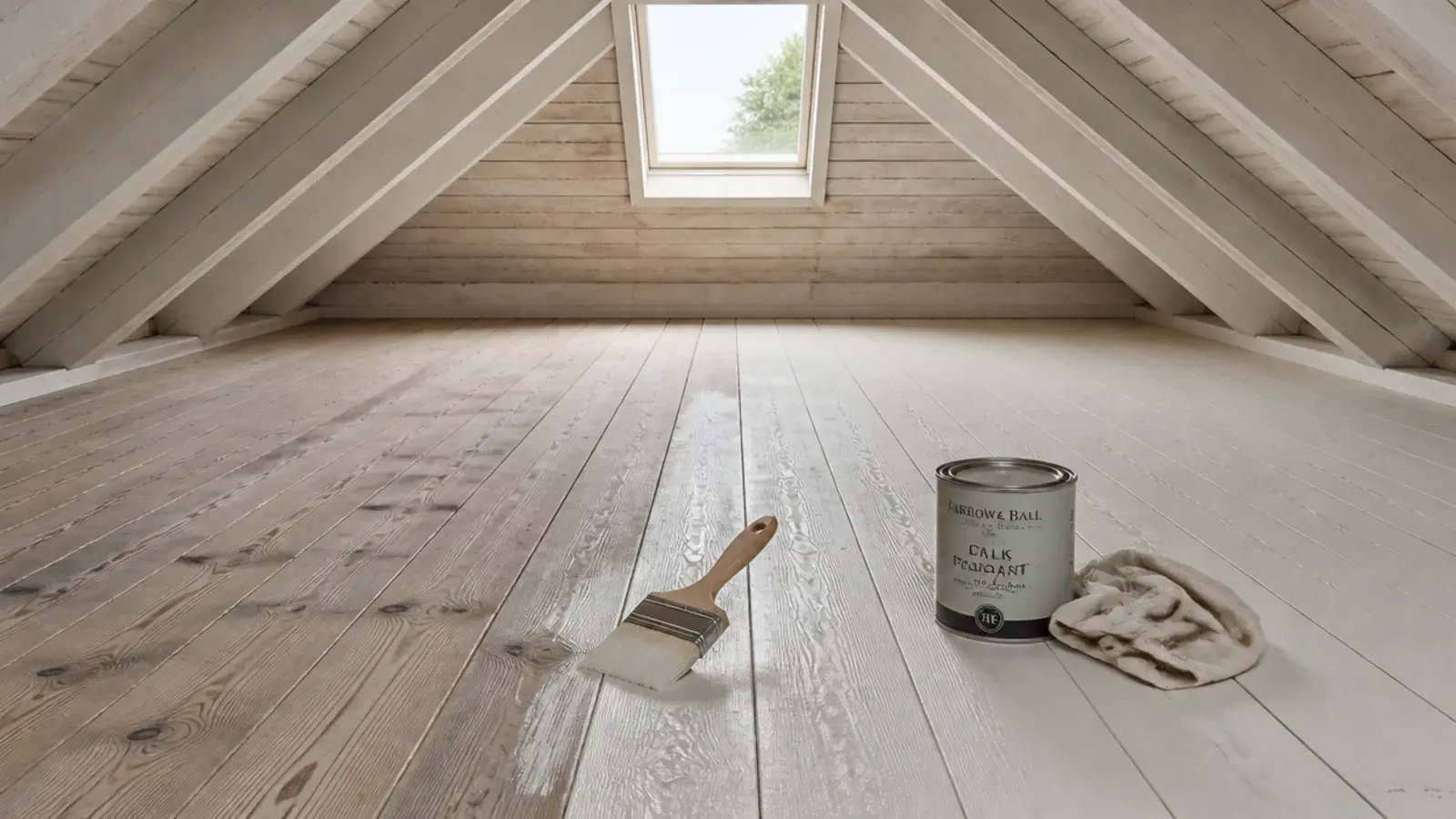 attic floorboards being painted a pale chalky tone with a brush