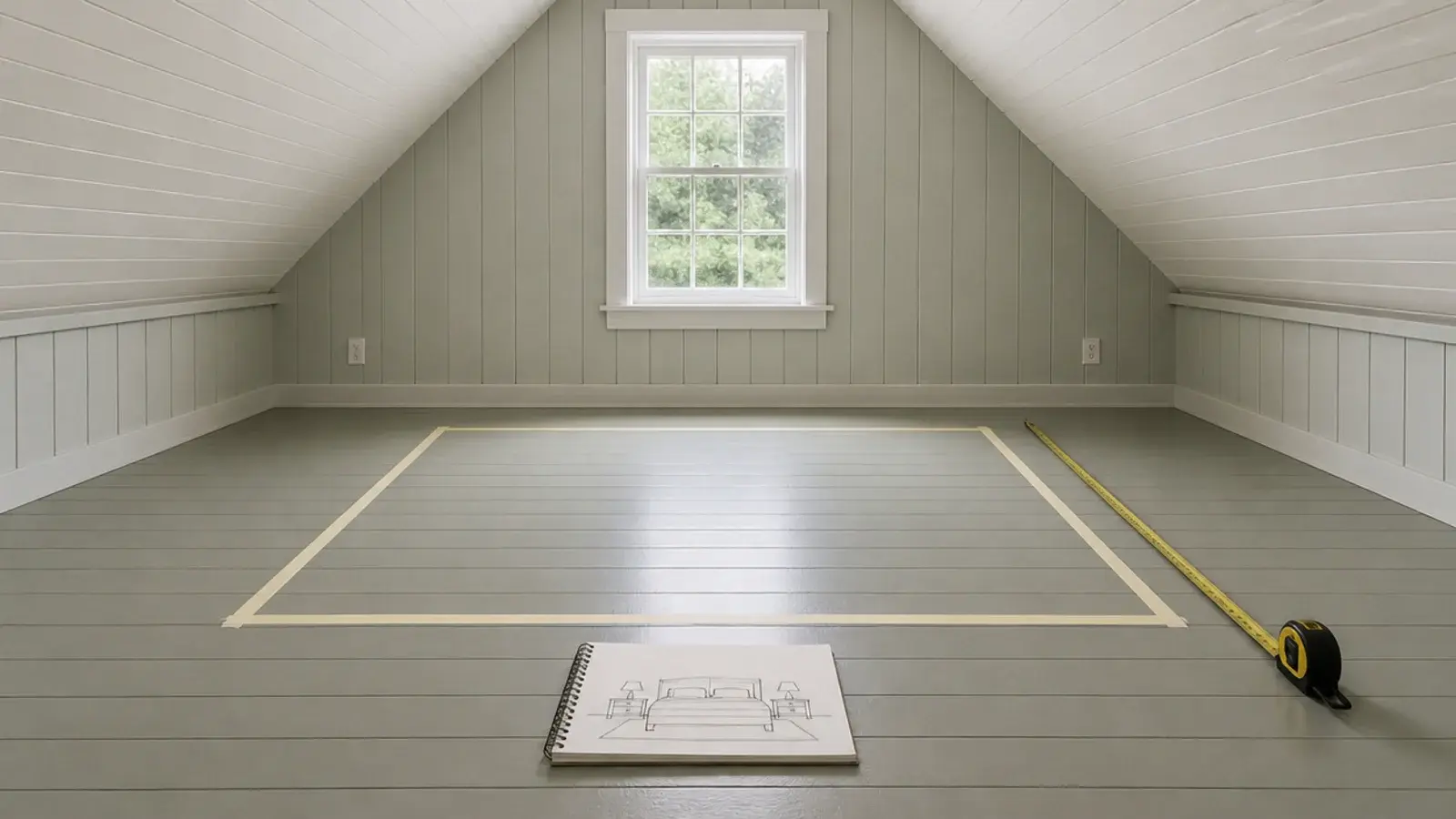 masking tape rectangle marking a bed footprint on attic floorboards
