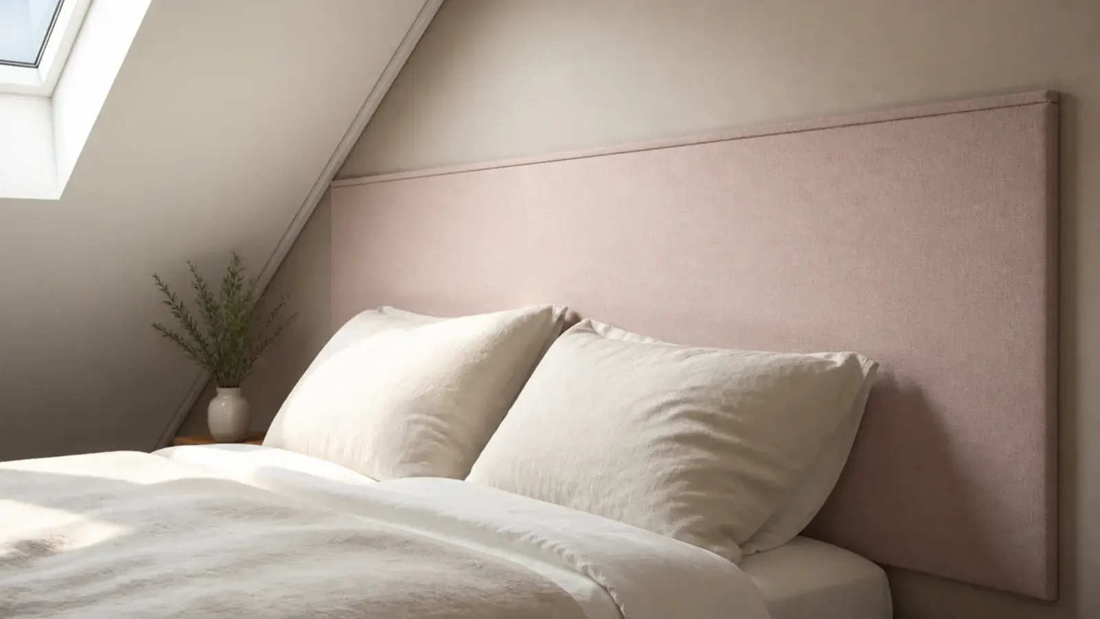 fabric covered panel fixed to an attic knee wall behind a bed