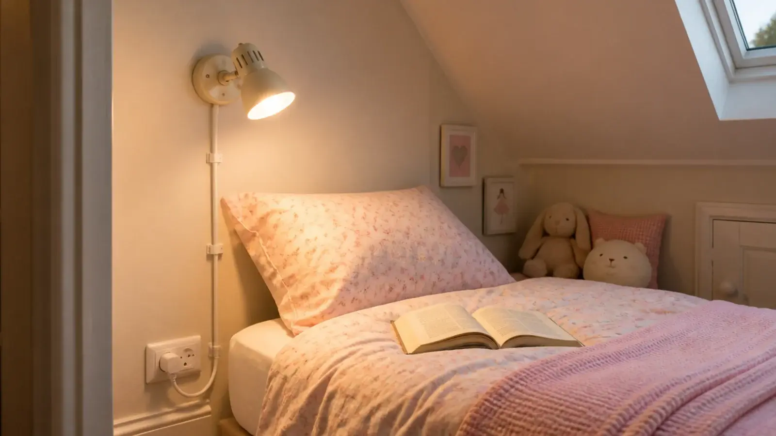 plug in wall light fixed above the pillow in an attic bedroom