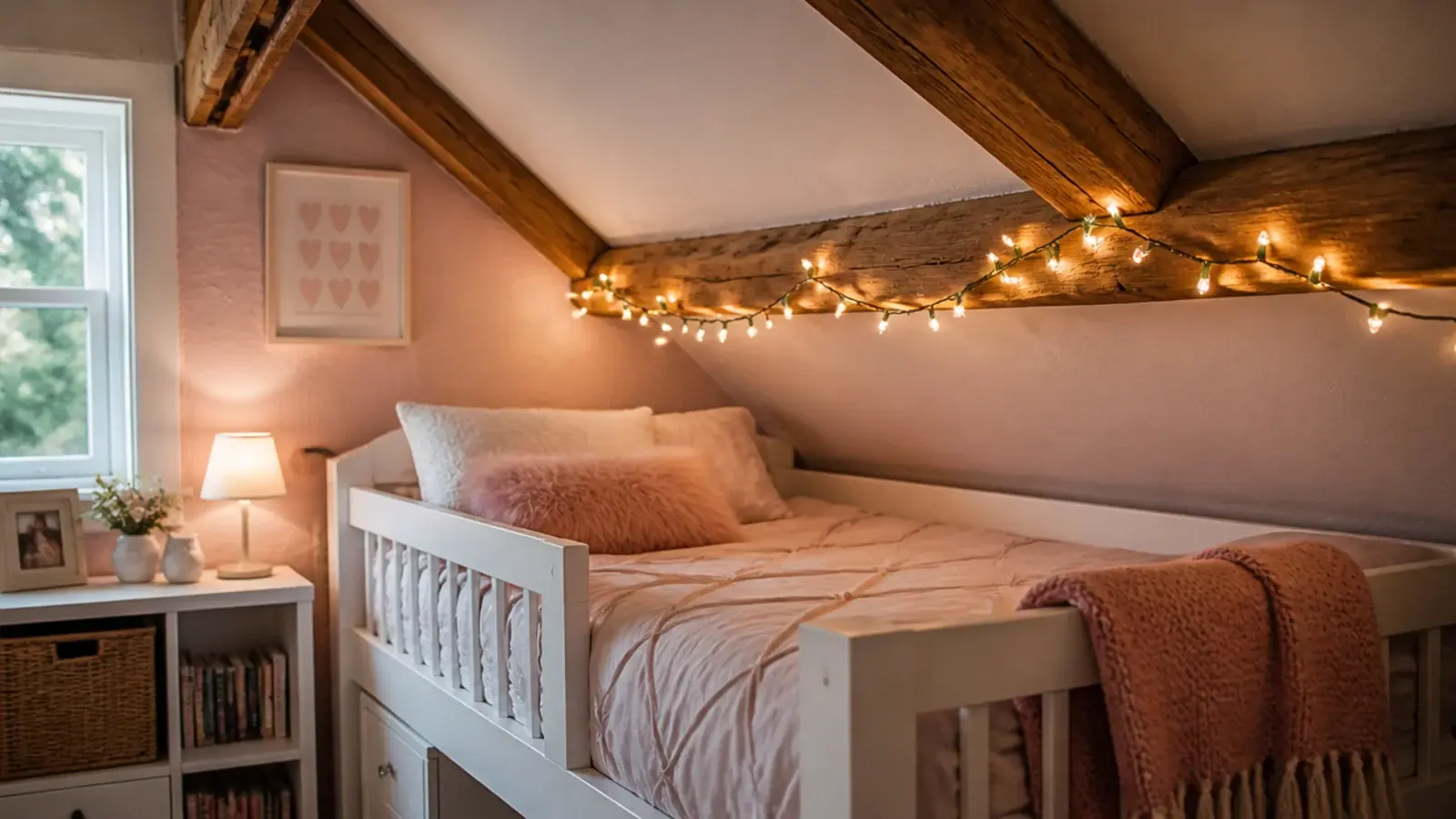 warm led string lights draped along an attic rafter above a bed