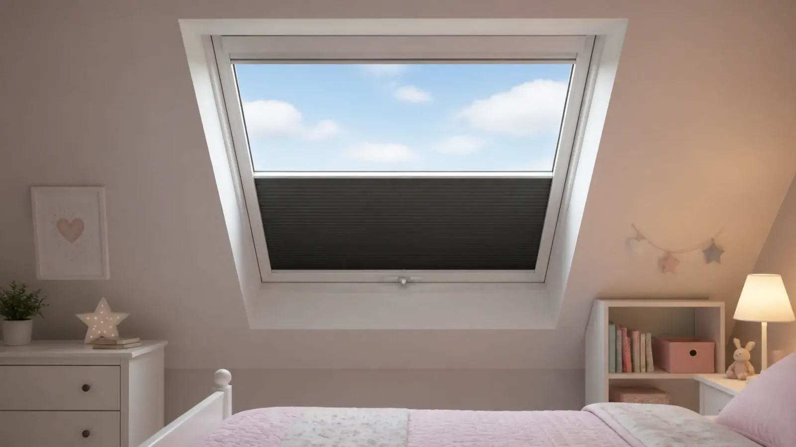 blackout blind half drawn across a girls attic bedroom roof window