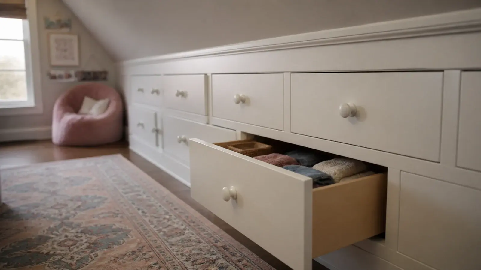 painted drawers built into a girls attic knee wall holding clothes