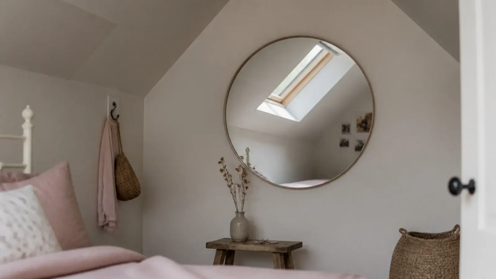 round mirror fixed to the gable wall of a girls attic bedroom