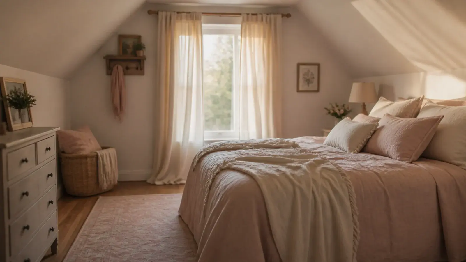 rug curtain and bedding layered in soft tones in an attic bedroom