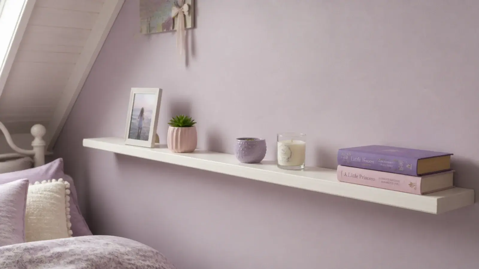 narrow display ledge holding five carefully chosen objects in a loft