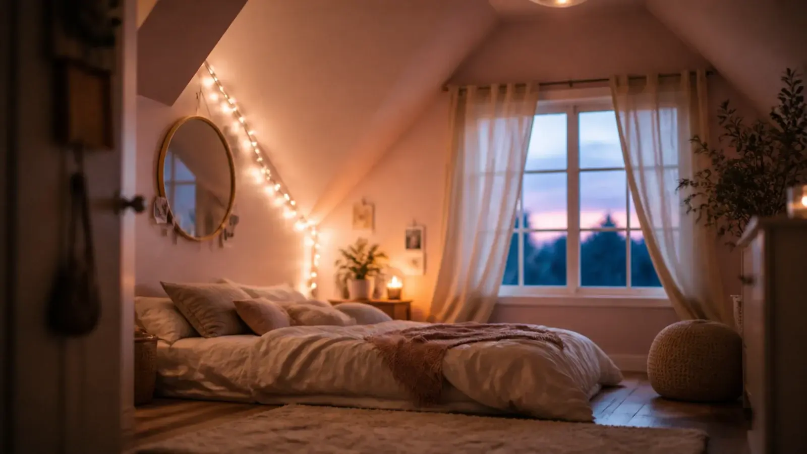 girls attic bedroom ideas styled with soft paint textiles and warm lighting