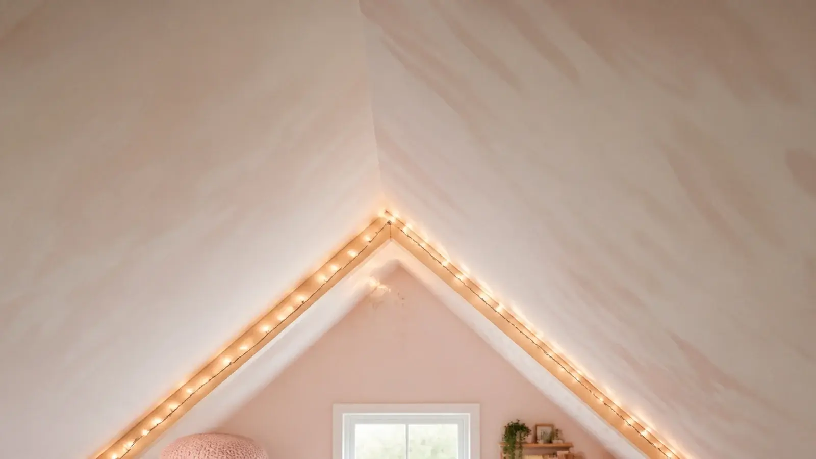 vertical view of a girls attic bedroom styled with soft paint and lights