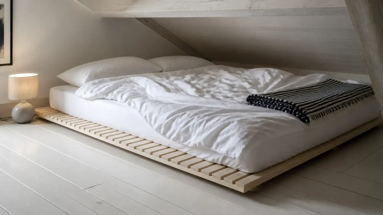 mattress resting on a shallow slatted platform almost level with the floor