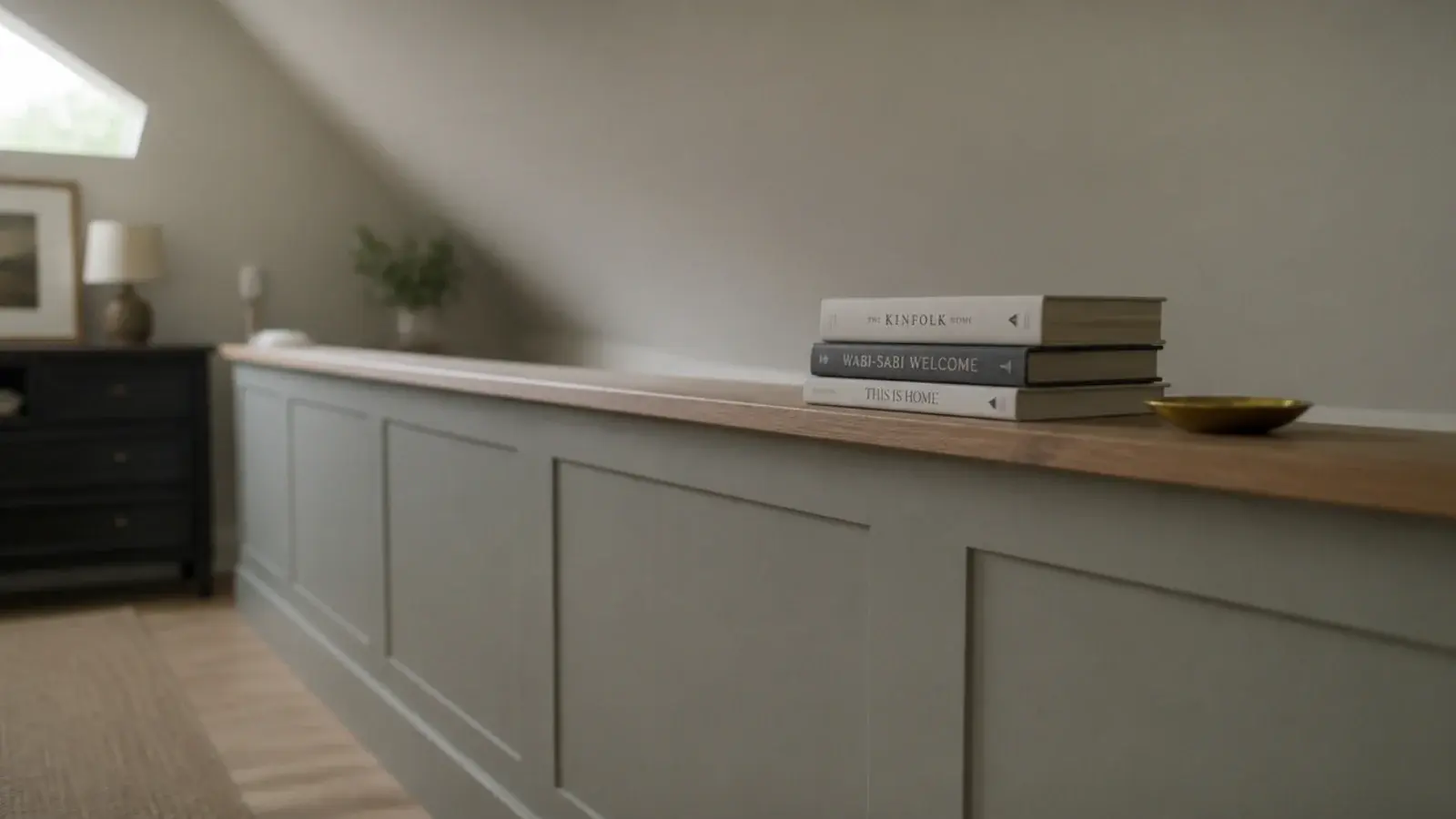 low thirty six inch knee wall topped with a narrow display shelf