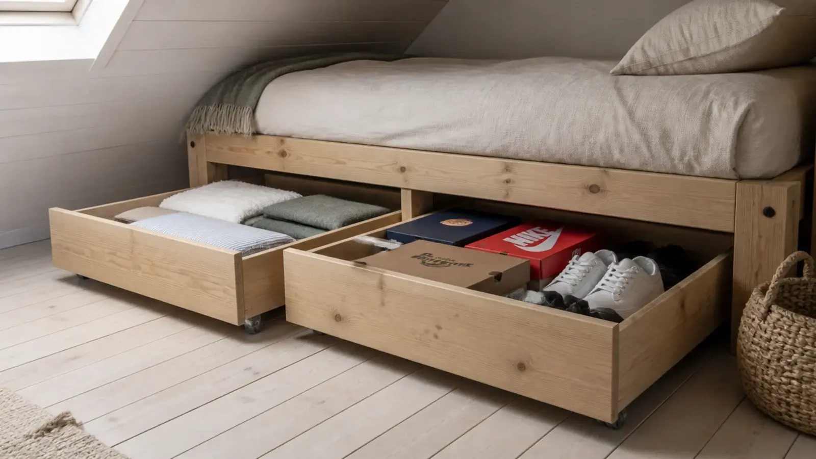 deep drawers rolling out from under a low attic bed on castors