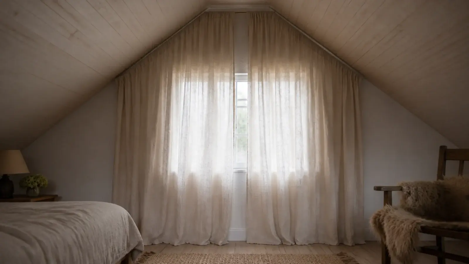 curtain track fixed at ceiling level above an attic gable window