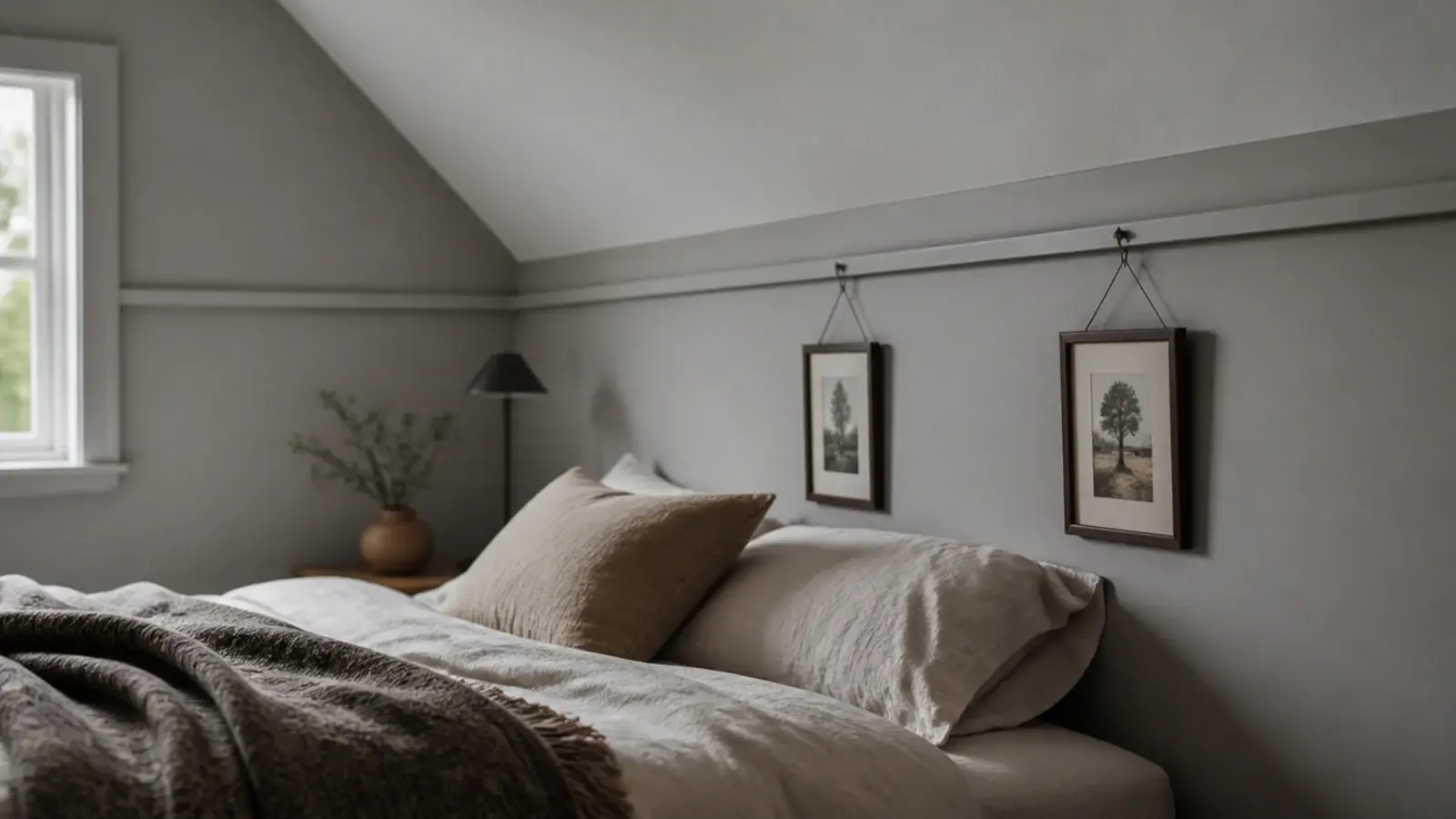 painted timber picture rail running horizontally around a short attic room