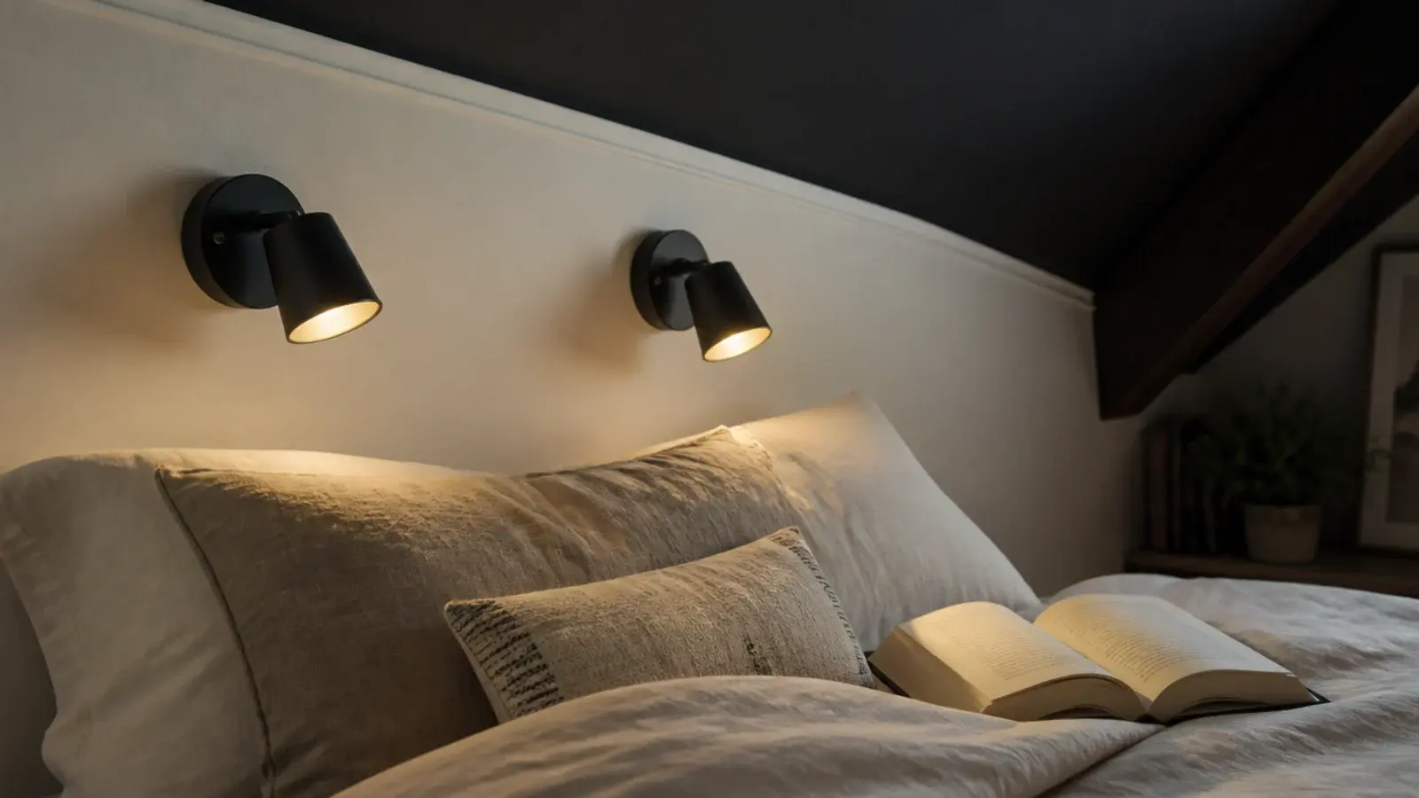 pair of small reading lights fixed low on an attic knee wall